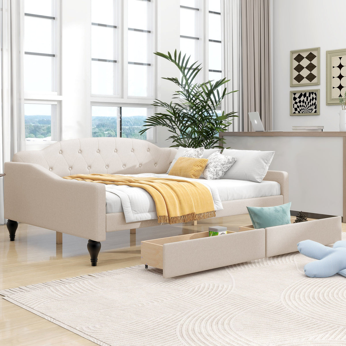 Full Size Upholstered Tufted Daybed with Two Drawers