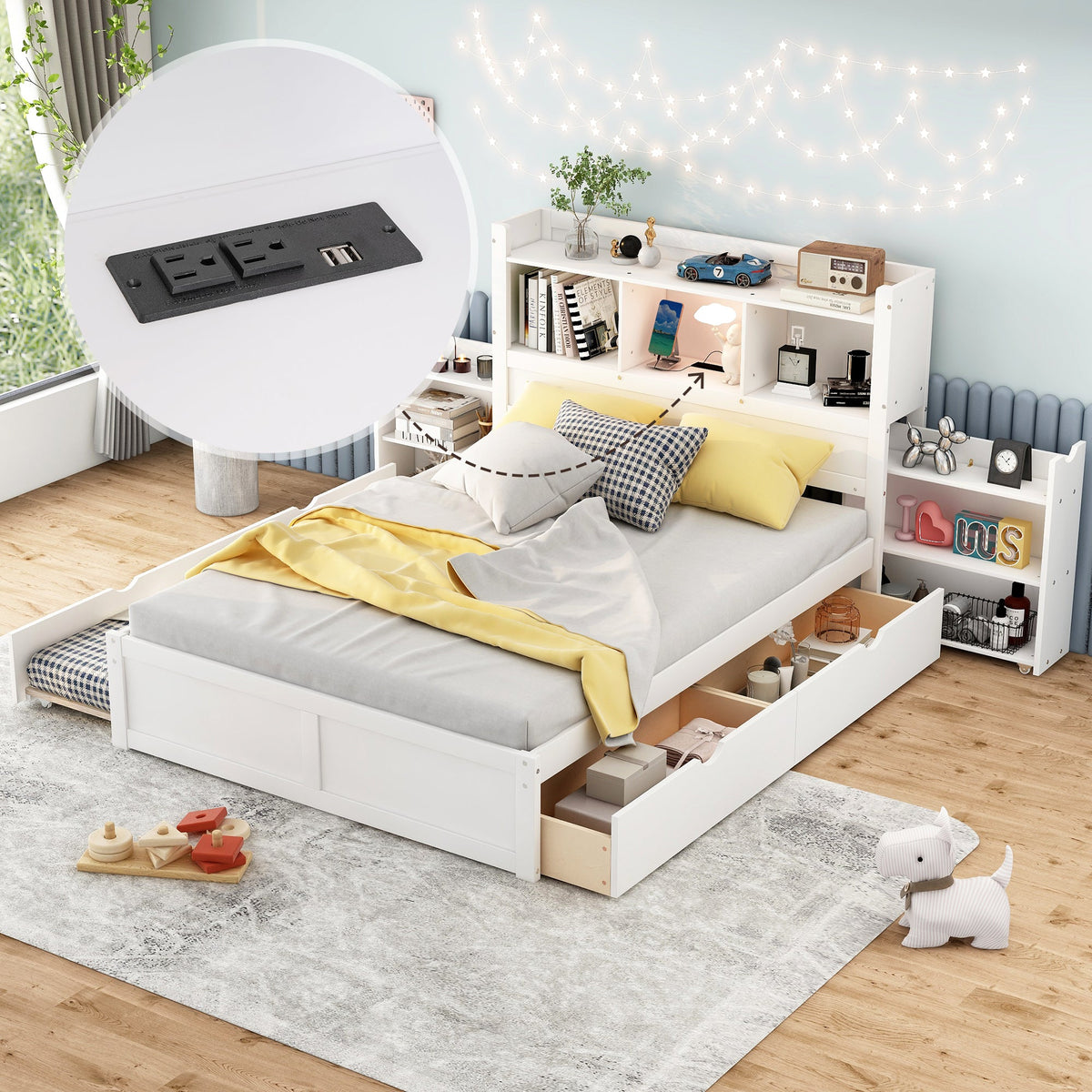 Full Size Storage Platform Bed with Pull Out Shelves, Twin Size Trundle and 2 Drawers