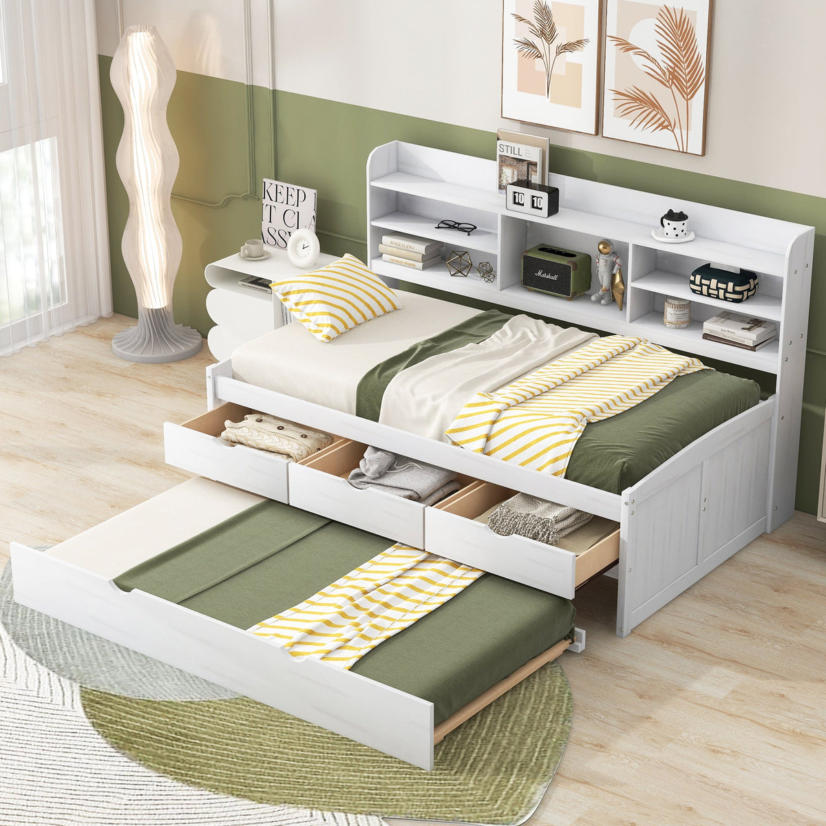 Twin Size Wooden Captain Bed with Built-in Bookshelves and Storage