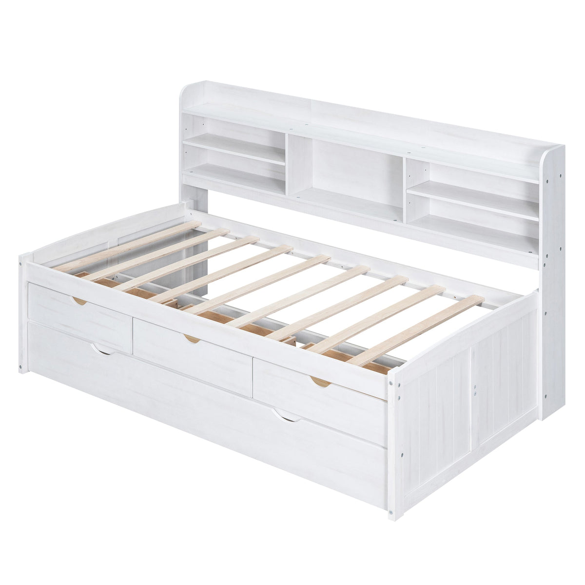 Twin Size Wooden Captain Bed with Built-in Bookshelves and Storage