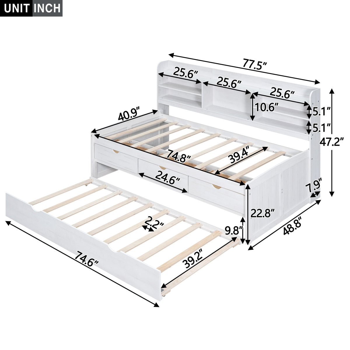 Twin Size Wooden Captain Bed with Built-in Bookshelves and Storage