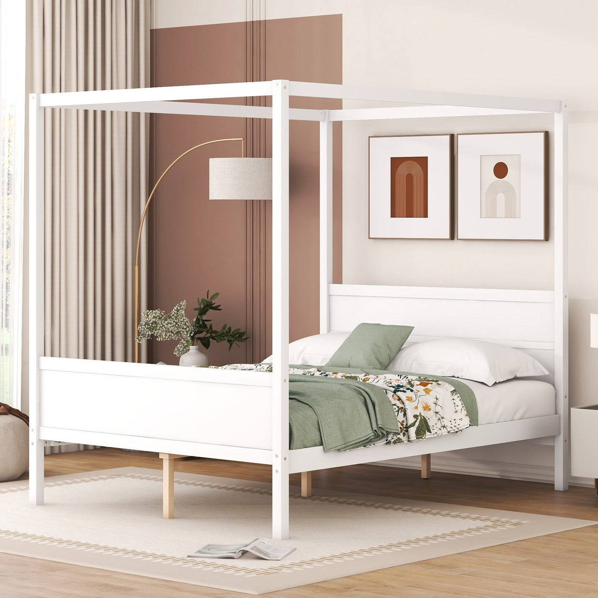 Queen Size Canopy Platform Bed with Headboard and Footboard