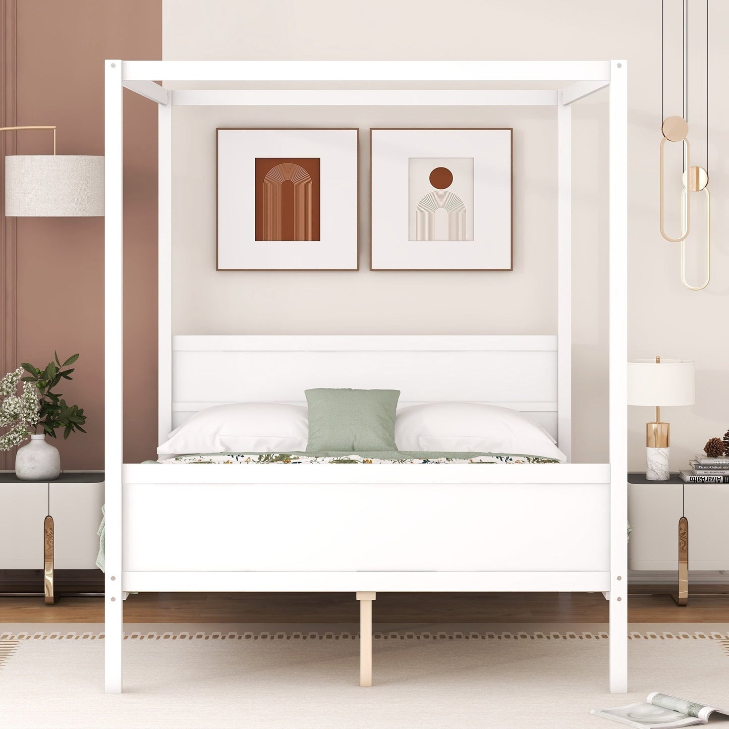 Queen Size Canopy Platform Bed with Headboard and Footboard