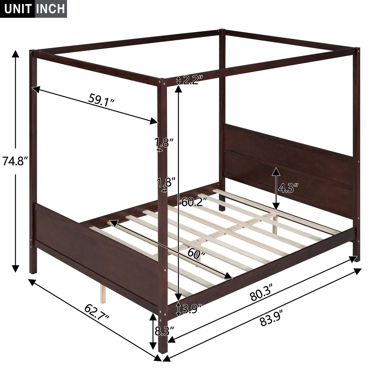 Queen Size Canopy Platform Bed with Headboard and Footboard