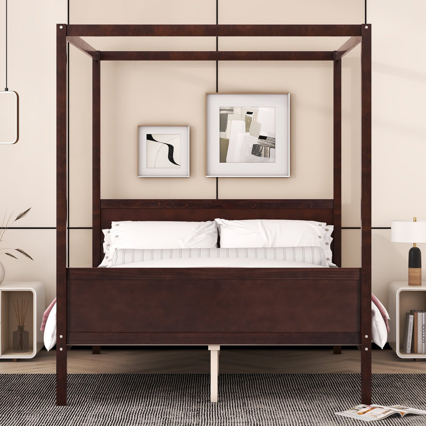 Queen Size Canopy Platform Bed with Headboard and Footboard