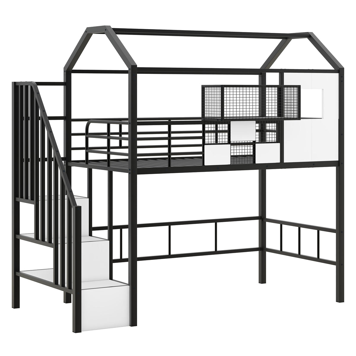 Metal Loft Bed with Roof Design and Storage Box, Twin