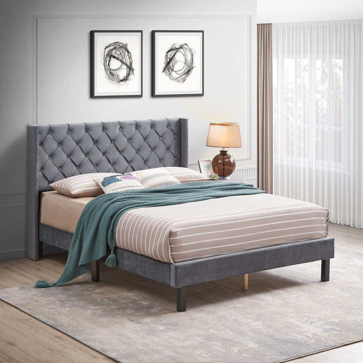 Velvet Button Tufted Upholstered Bed with Wings Design