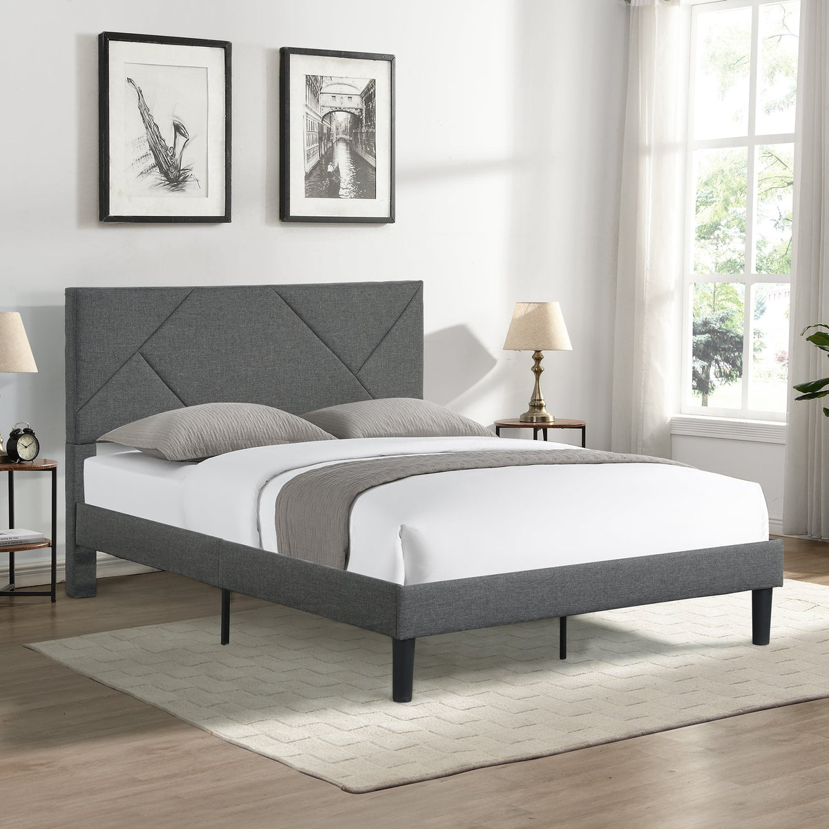 Queen Size Upholstered Platform Bed Frame with Headboard