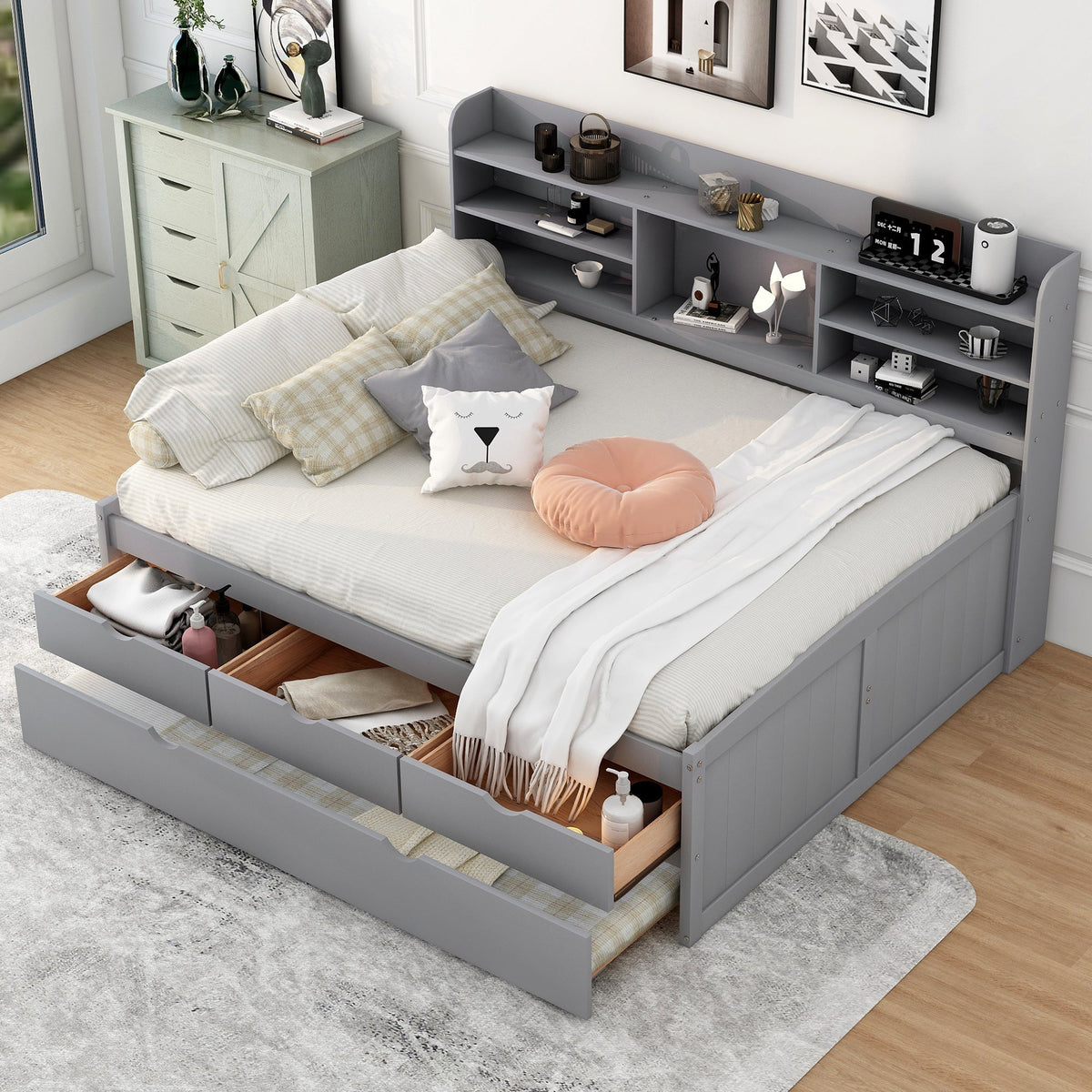 Full Size Wooden Captain Bed with Built-In Bookshelves, Three Storage Drawers and Trundle