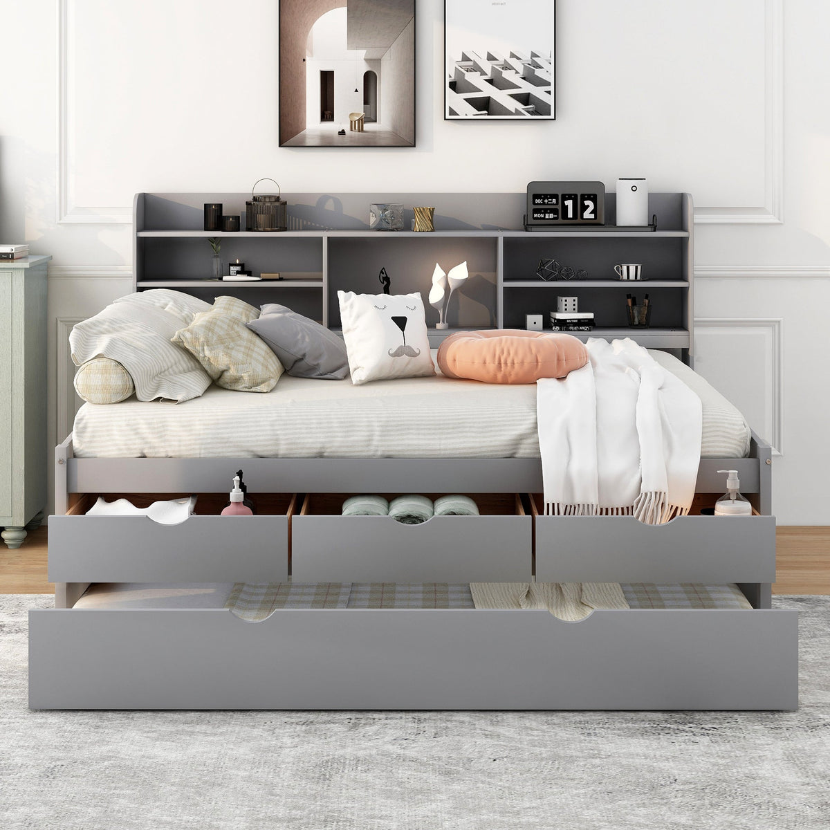 Full Size Wooden Captain Bed with Built-In Bookshelves, Three Storage Drawers and Trundle