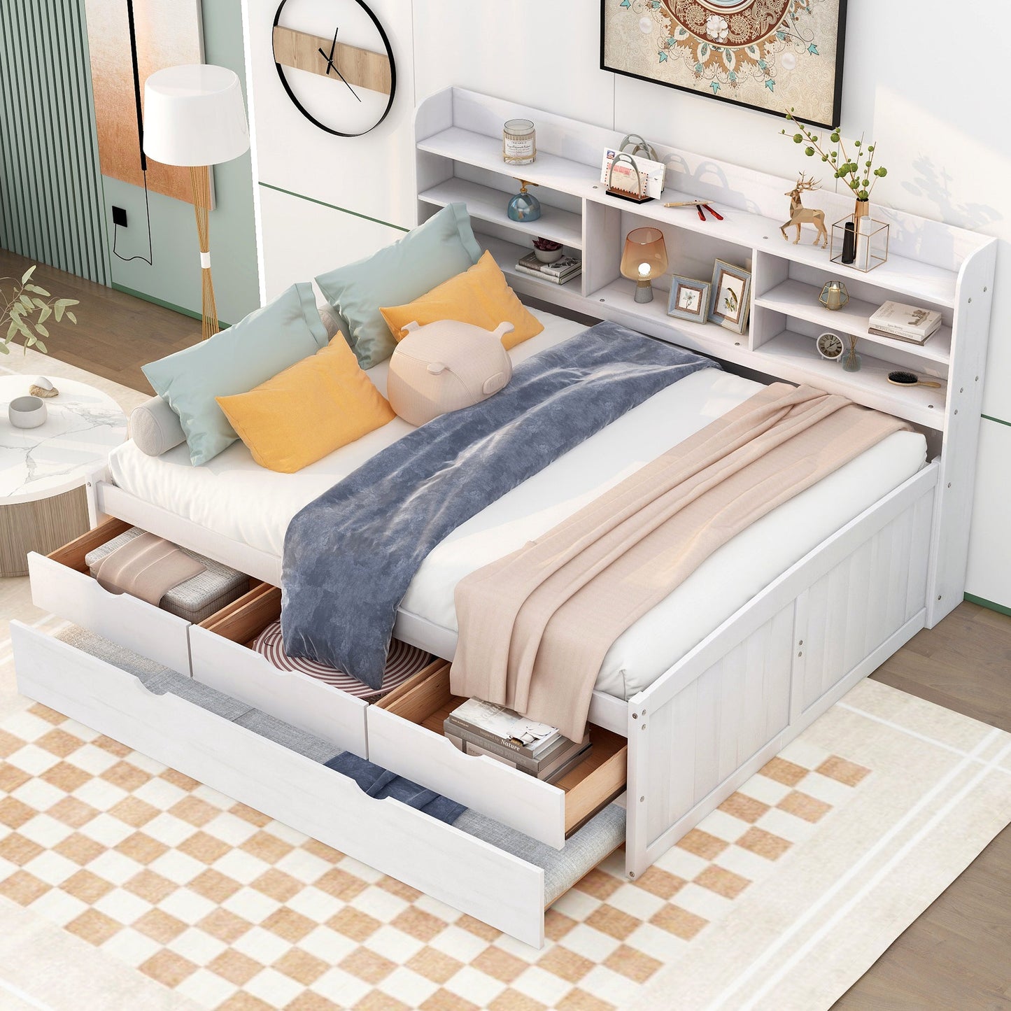 Full Size Wooden Captain Bed with Built-in Bookshelves, Three Storage Drawers and Trundle