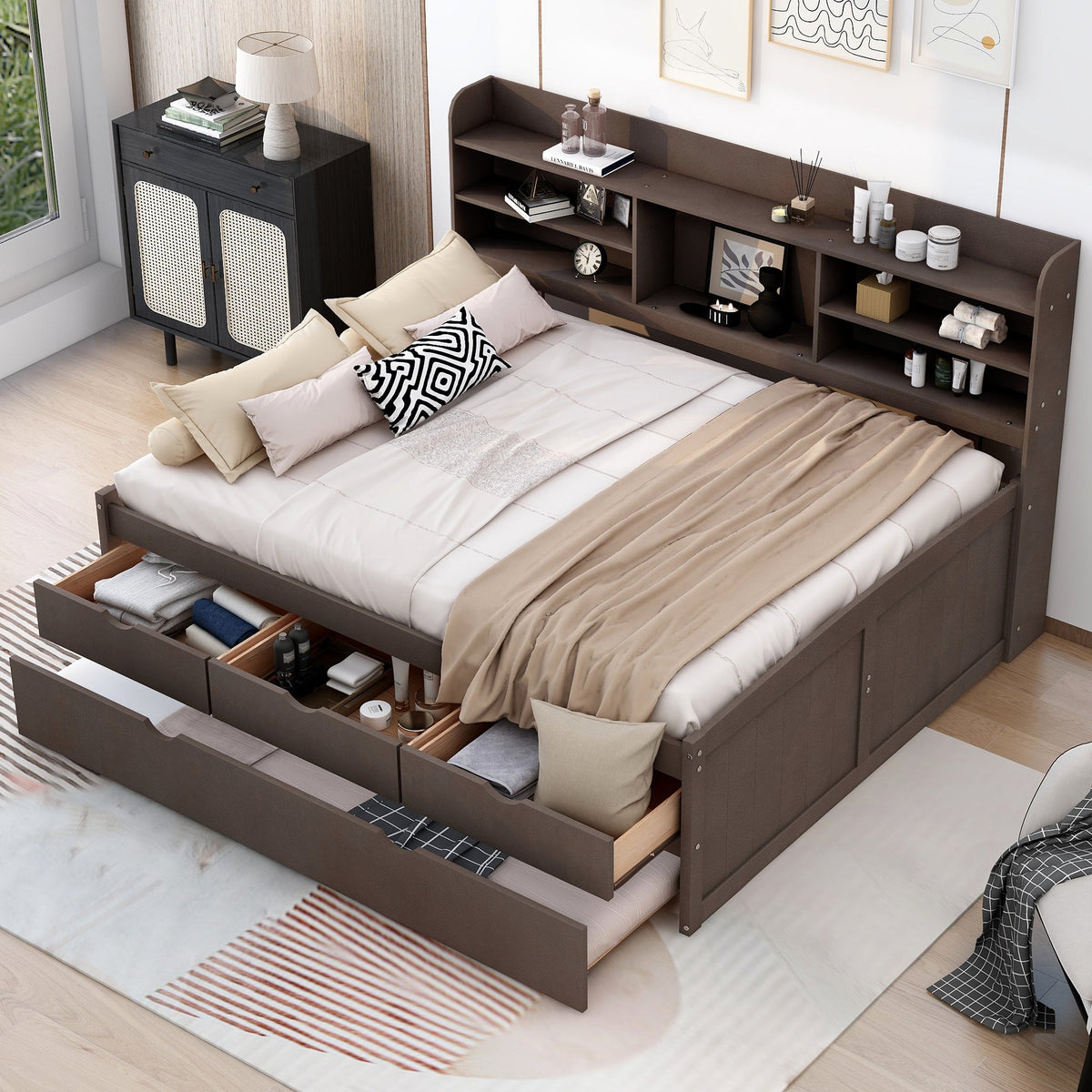 Full Size Wooden Captain Bed with Built-in Bookshelves