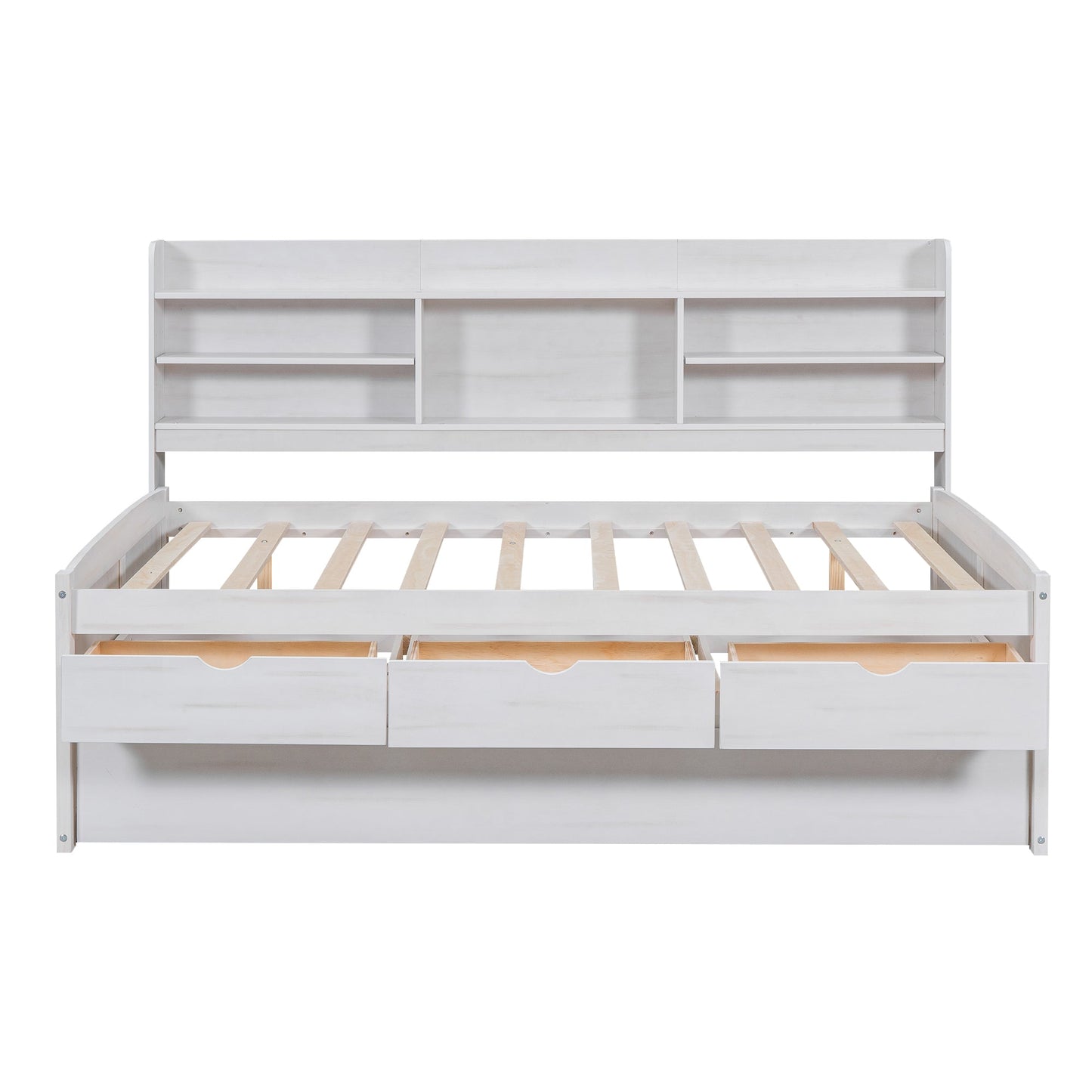 Full Size Wooden Captain Bed with Built-in Bookshelves, Three Storage Drawers and Trundle