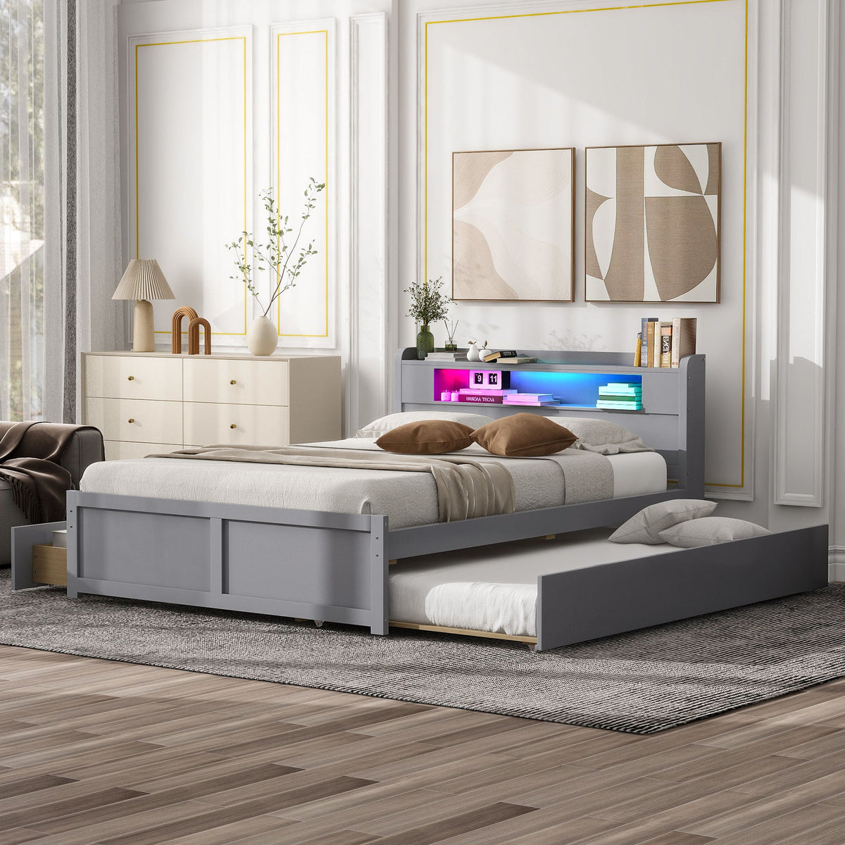 Queen Size Wood Storage Platform Bed with LED, 2 Drawers and 1 Twin Size Trundle