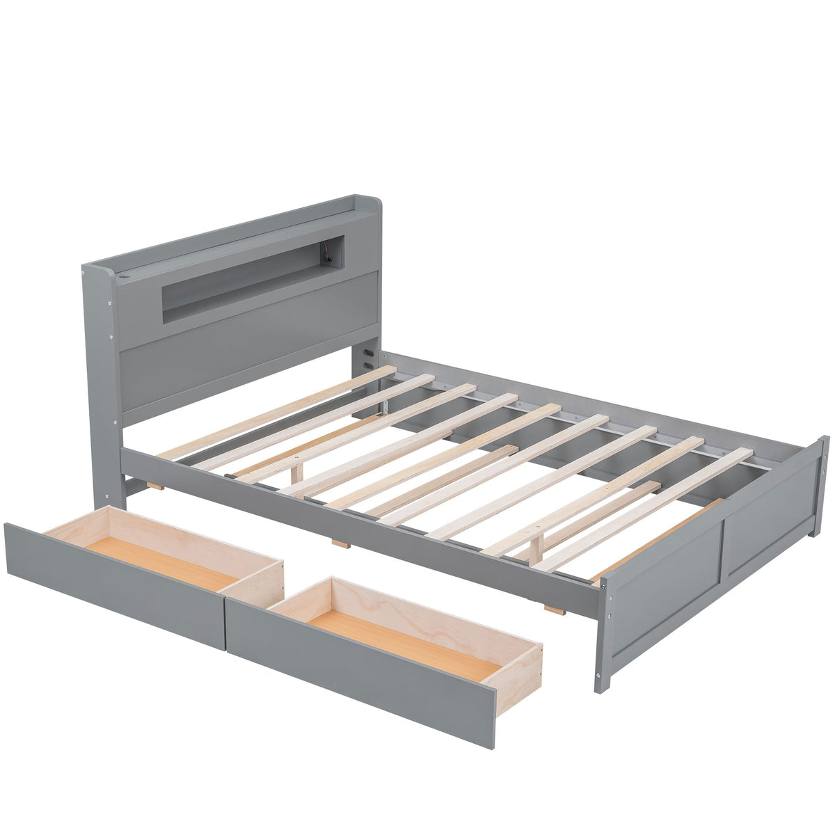 Queen Size Wood Storage Platform Bed with LED, 2 Drawers and 1 Twin Size Trundle