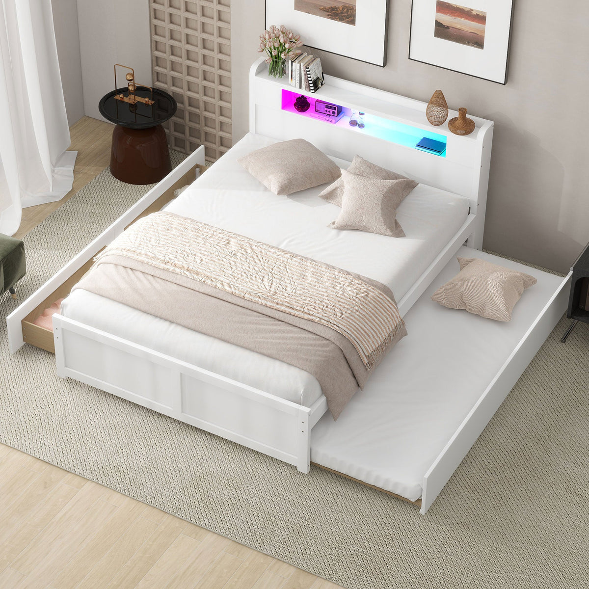 Queen Size Wood Storage Platform Bed with LED, 2 Drawers and 1 Twin Size Trundle