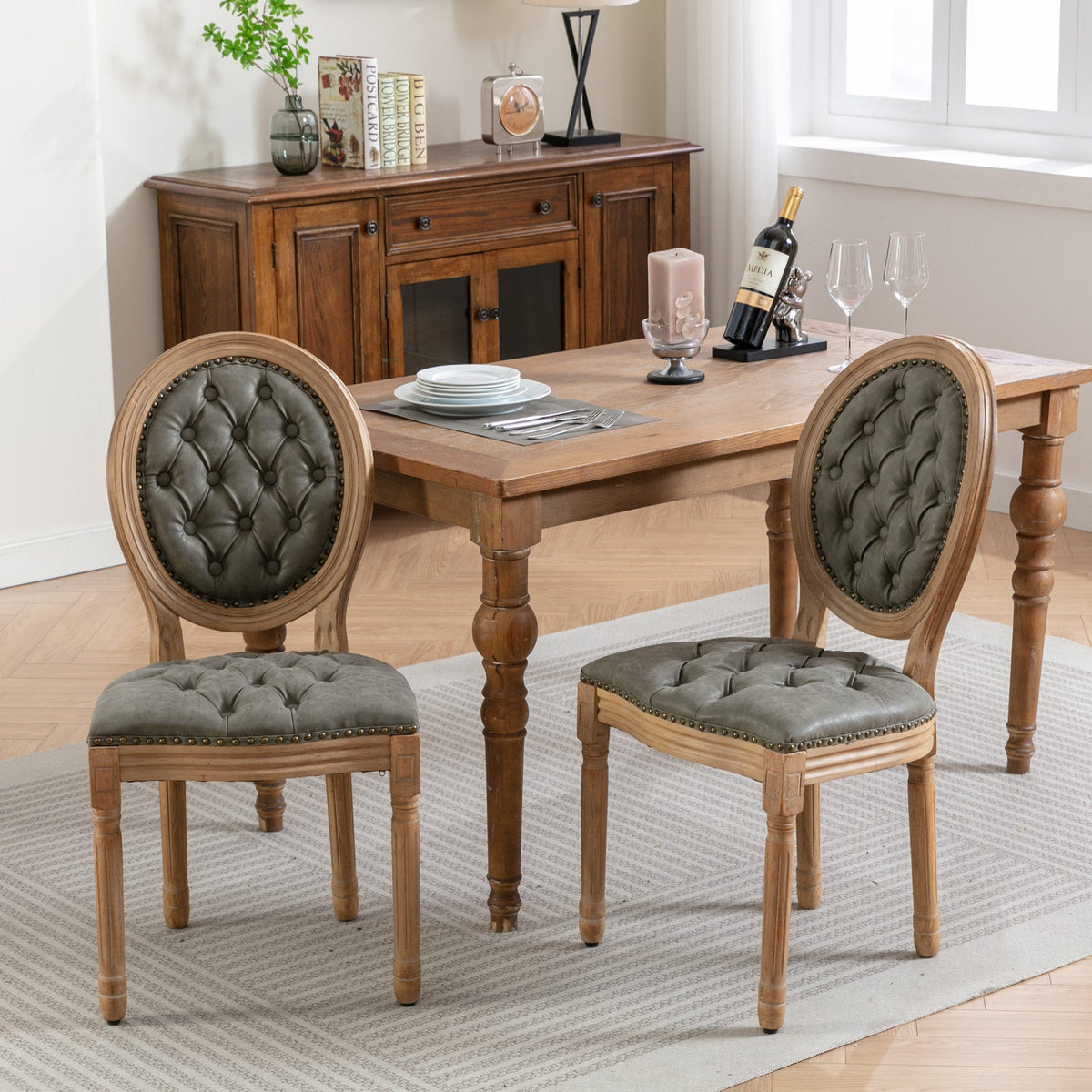 French Style Solid Wood Frame Antique Painting Dining Chair Set