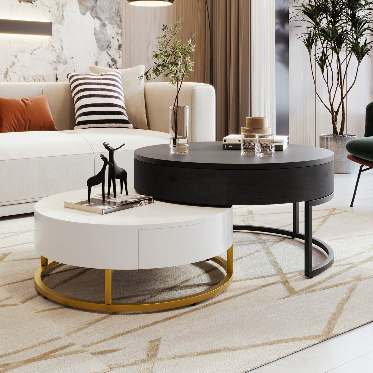 Modern Round Lift-Top Nesting Coffee Tables with 2 Drawers