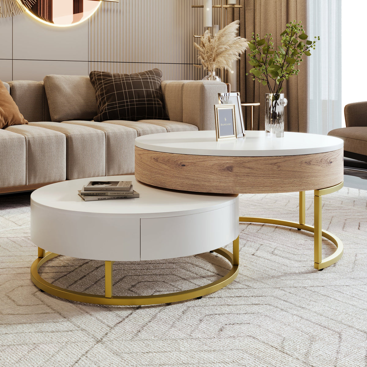 Modern Round Lift-Top Nesting Coffee Tables with 2 Drawers