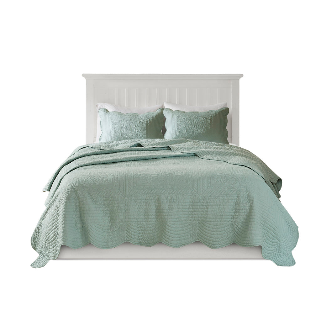 3 Piece Reversible Scalloped Edge Quilt Set Seafoam King/Cal King