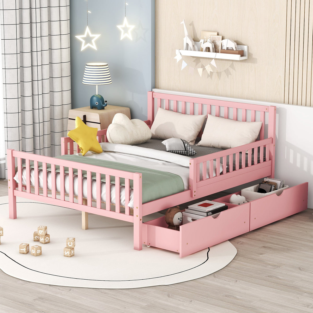 Full Size Wood Platform Bed with Guardrails on Both Sides and Two Storage Drawers