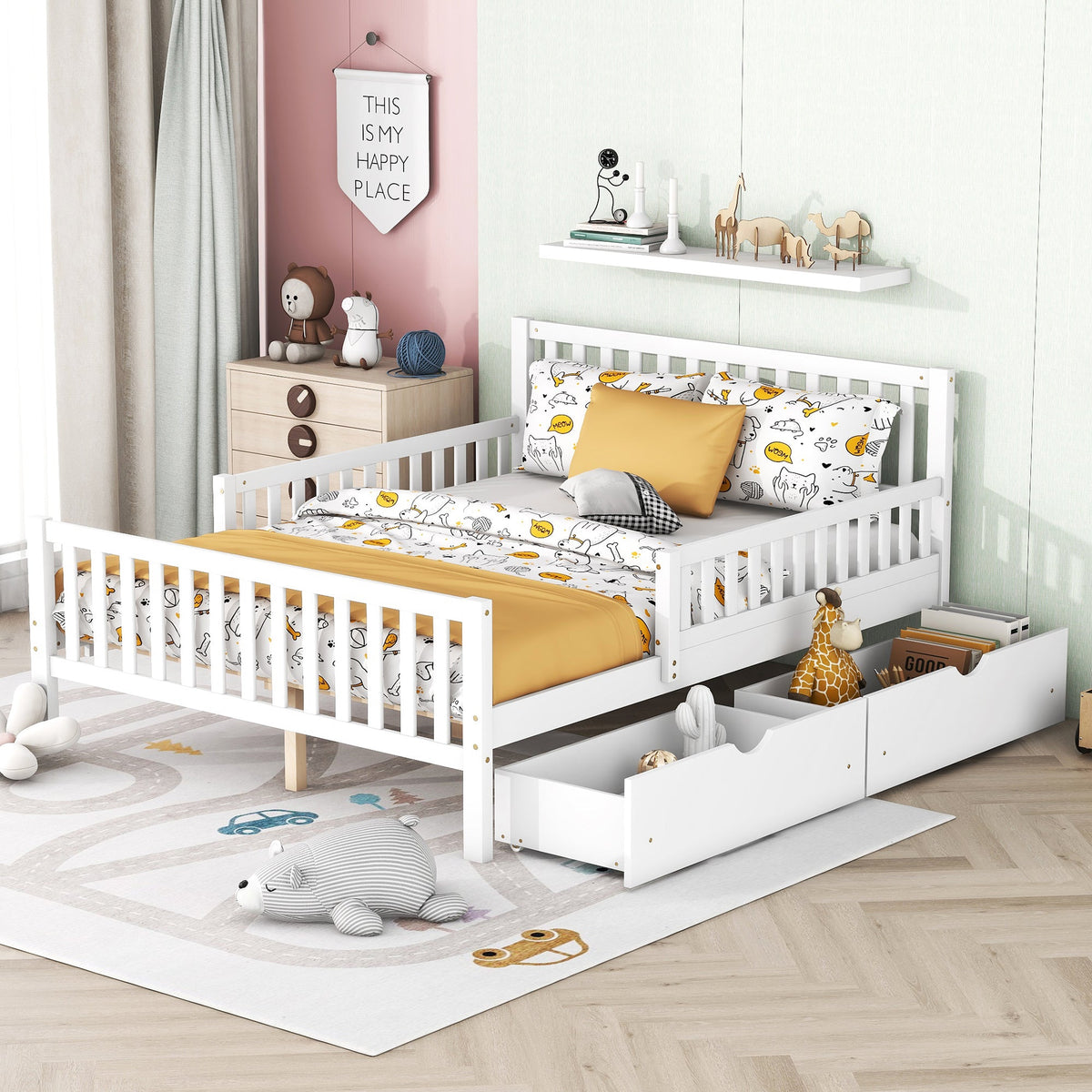 Full Size Wood Platform Bed with Guardrails on Both Sides and Two Storage Drawers