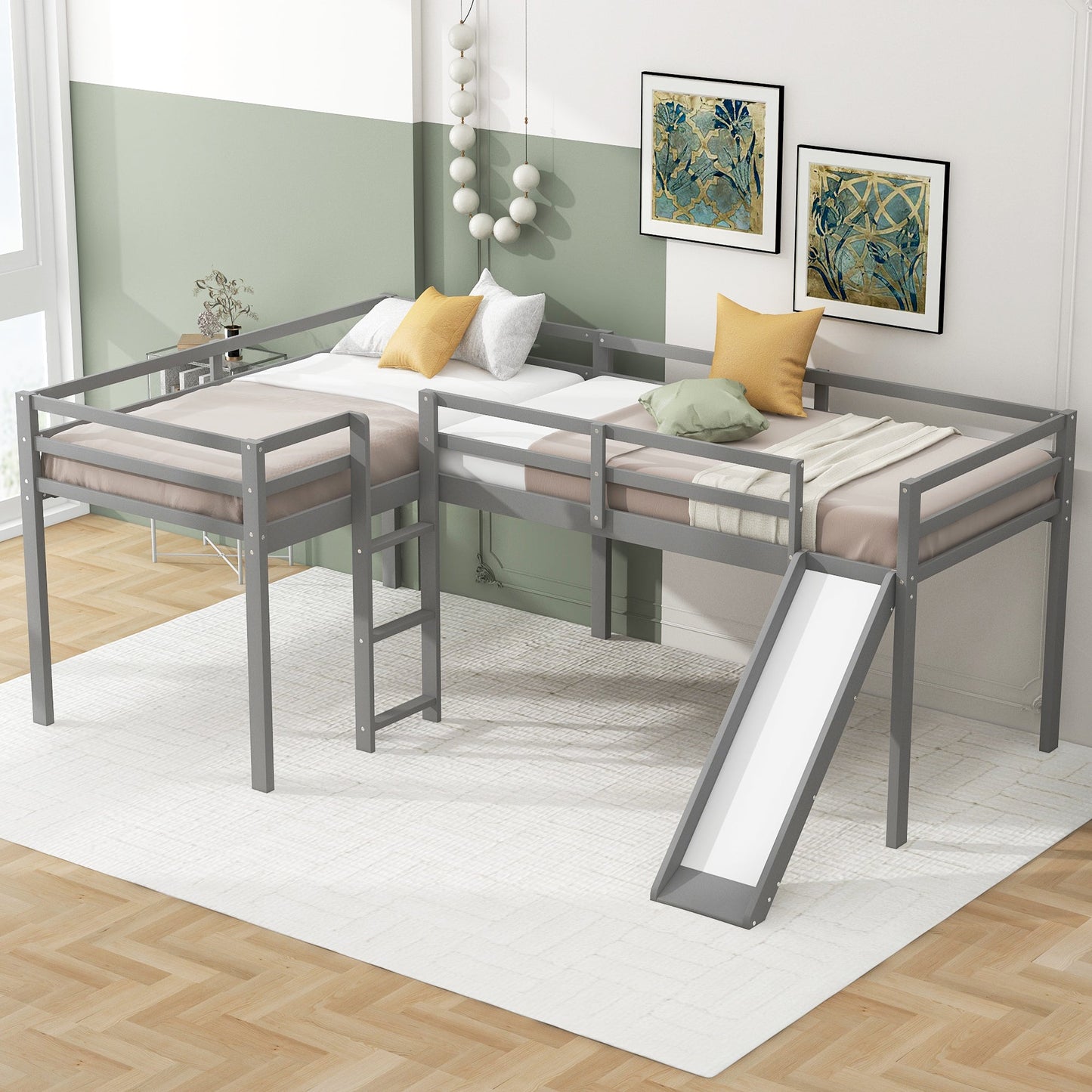 L-Shaped Twin Size Loft Bed with Ladder and Slide