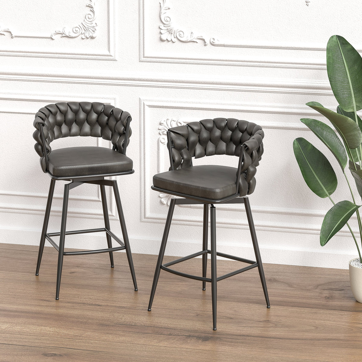 28" Technical Leather Woven Bar Stool Set of 2