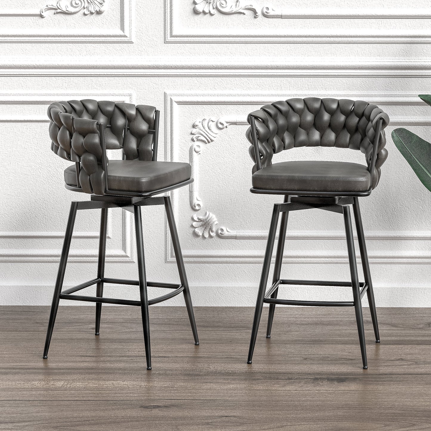 28" Technical Leather Woven Bar Stool Set of 2