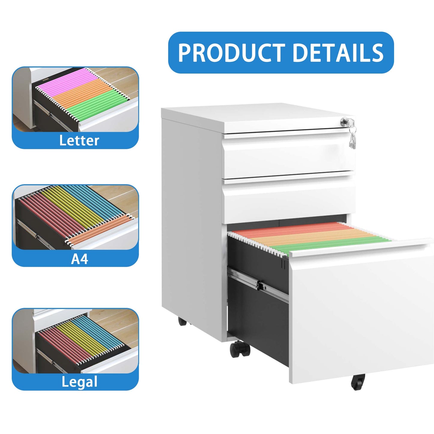 3 Drawer Mobile File Cabinet with Lock