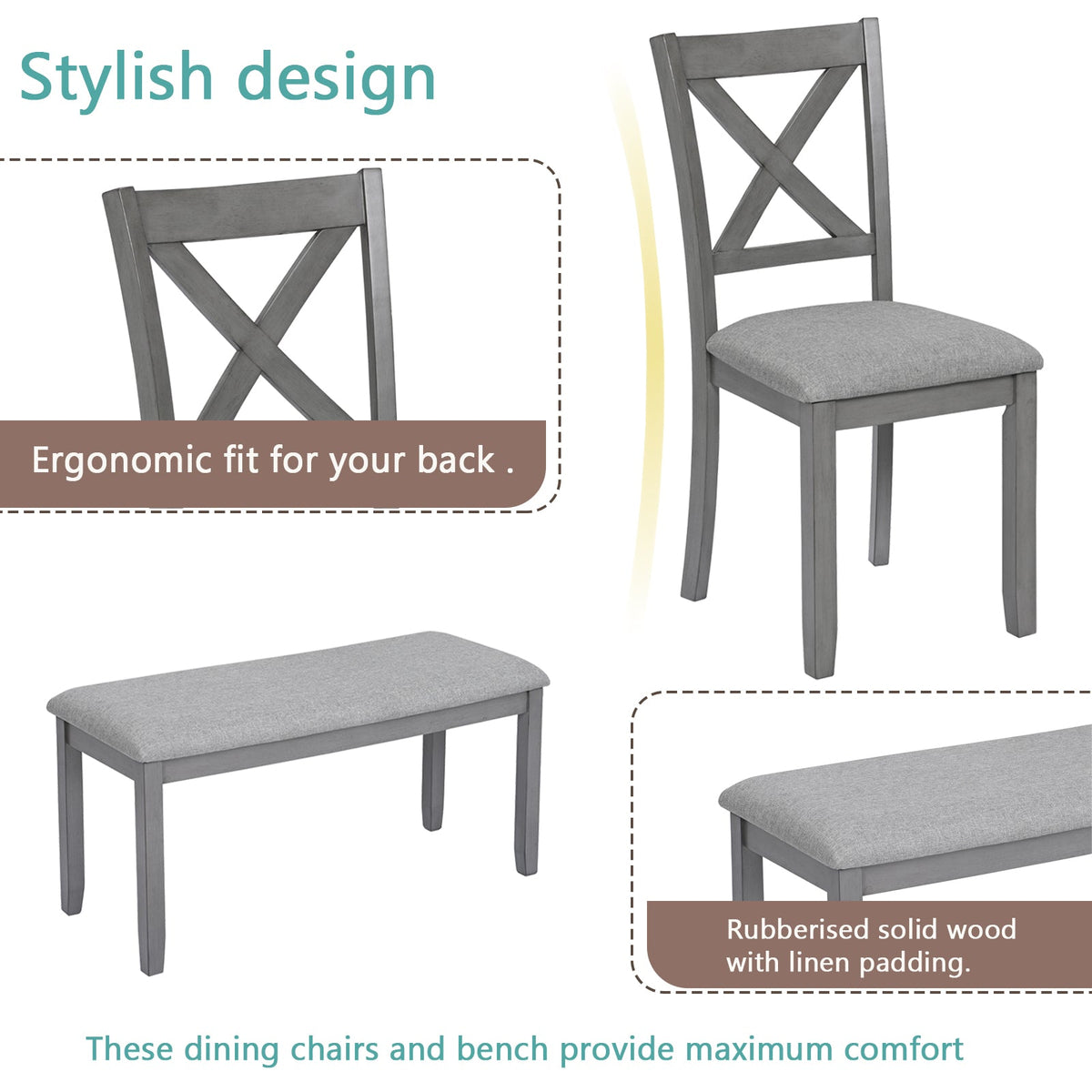 6 Piece Kitchen Dining Set (Table + Chairs + Bench)