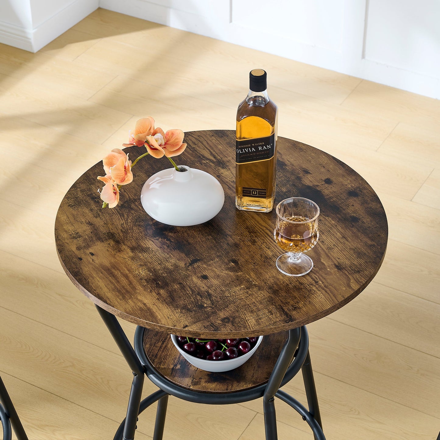 Rustic Round Bar Table And Stool Set with Shelf