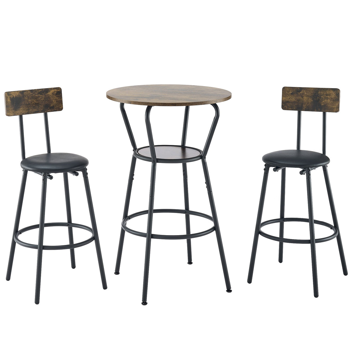 Rustic Round Bar Table And Stool Set with Shelf