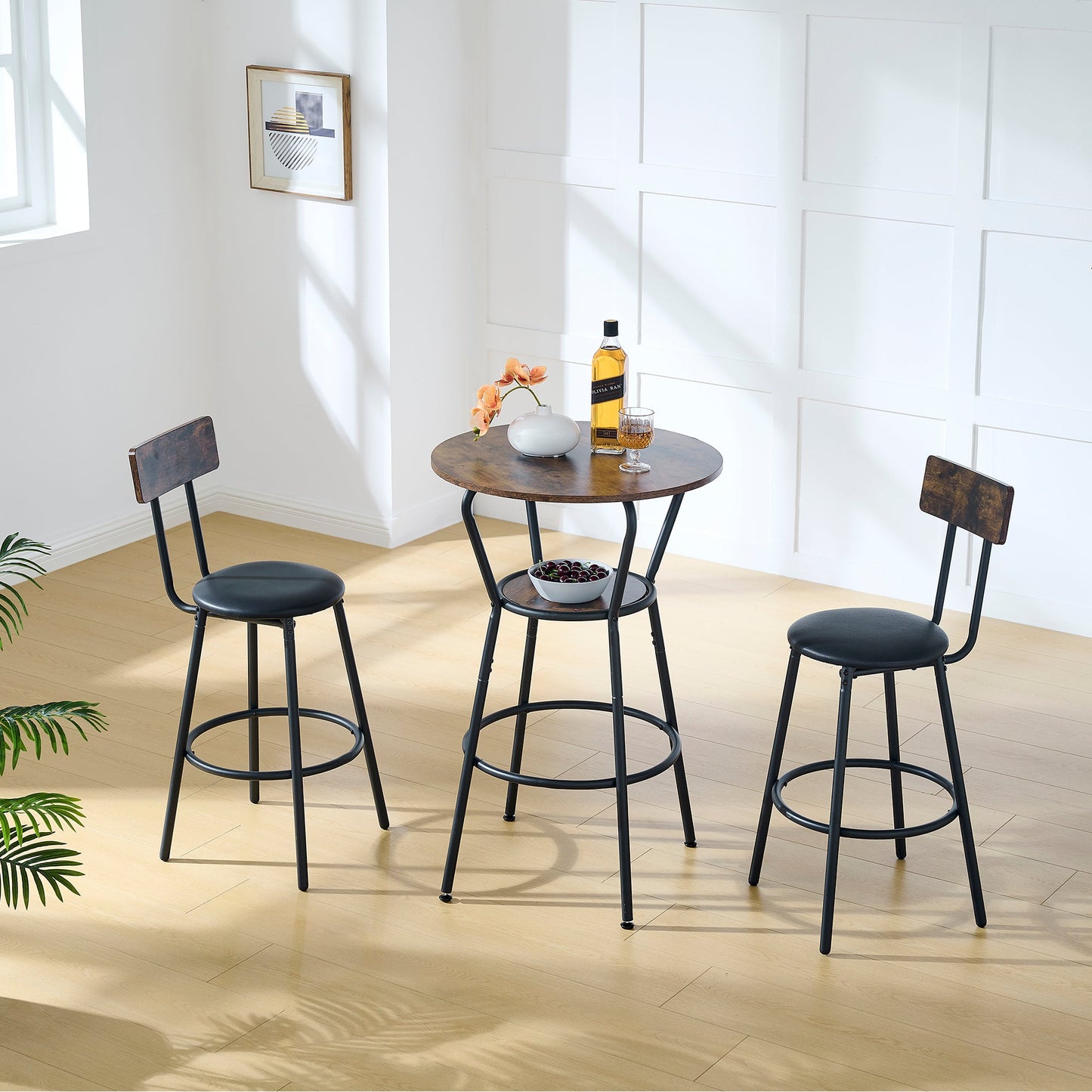 Rustic Round Bar Table And Stool Set with Shelf