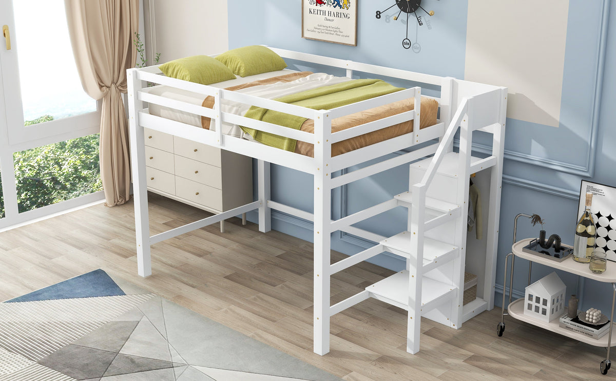Full Size Loft Bed with Built-in Storage Wardrobe and Staircase