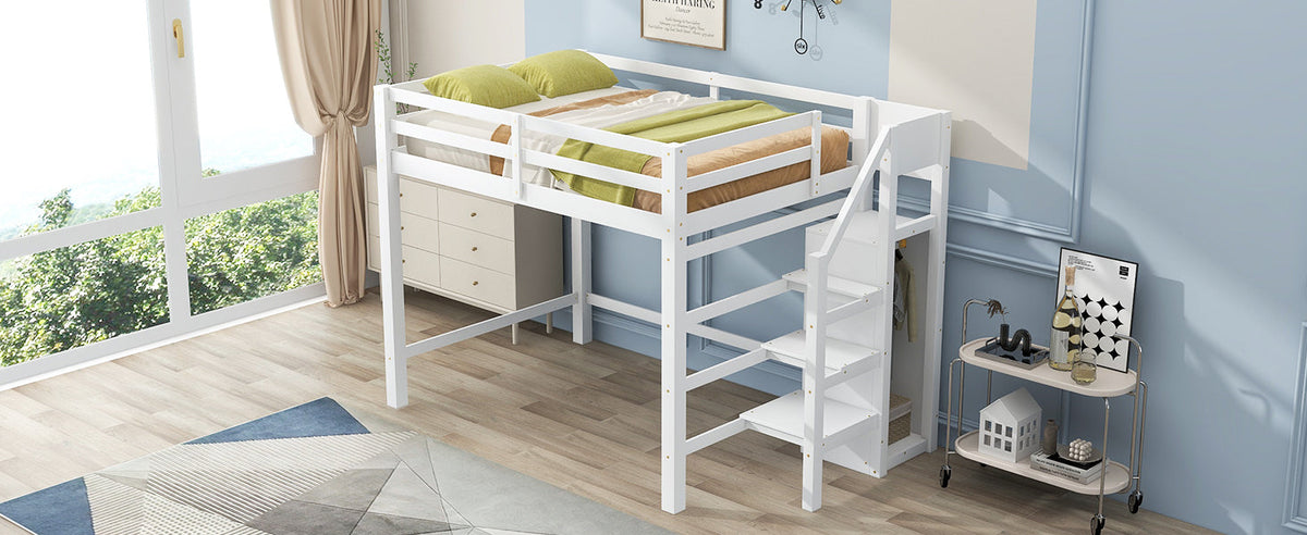 Full Size Loft Bed with Built-in Storage Wardrobe and Staircase