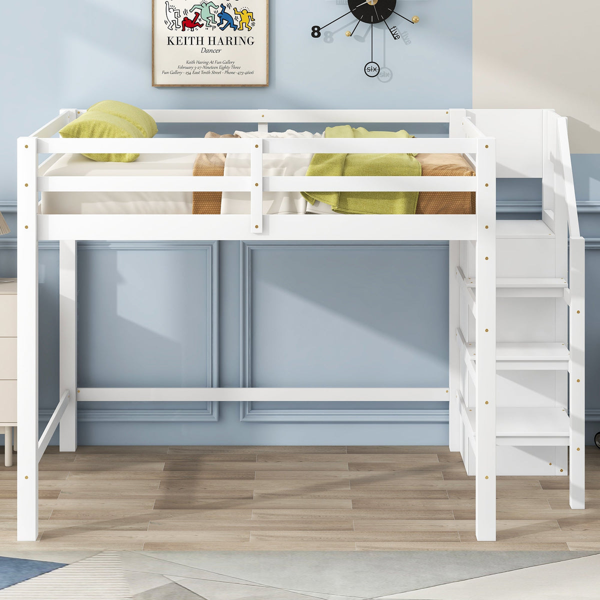 Full Size Loft Bed with Built-in Storage Wardrobe and Staircase