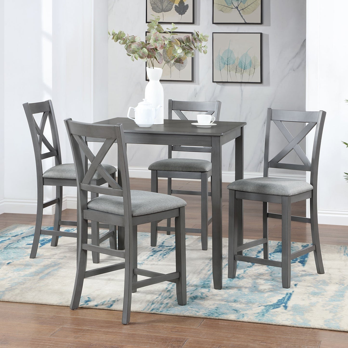 5 Piece Dining Table Set - Wooden Square Table and Upholstered Chairs
