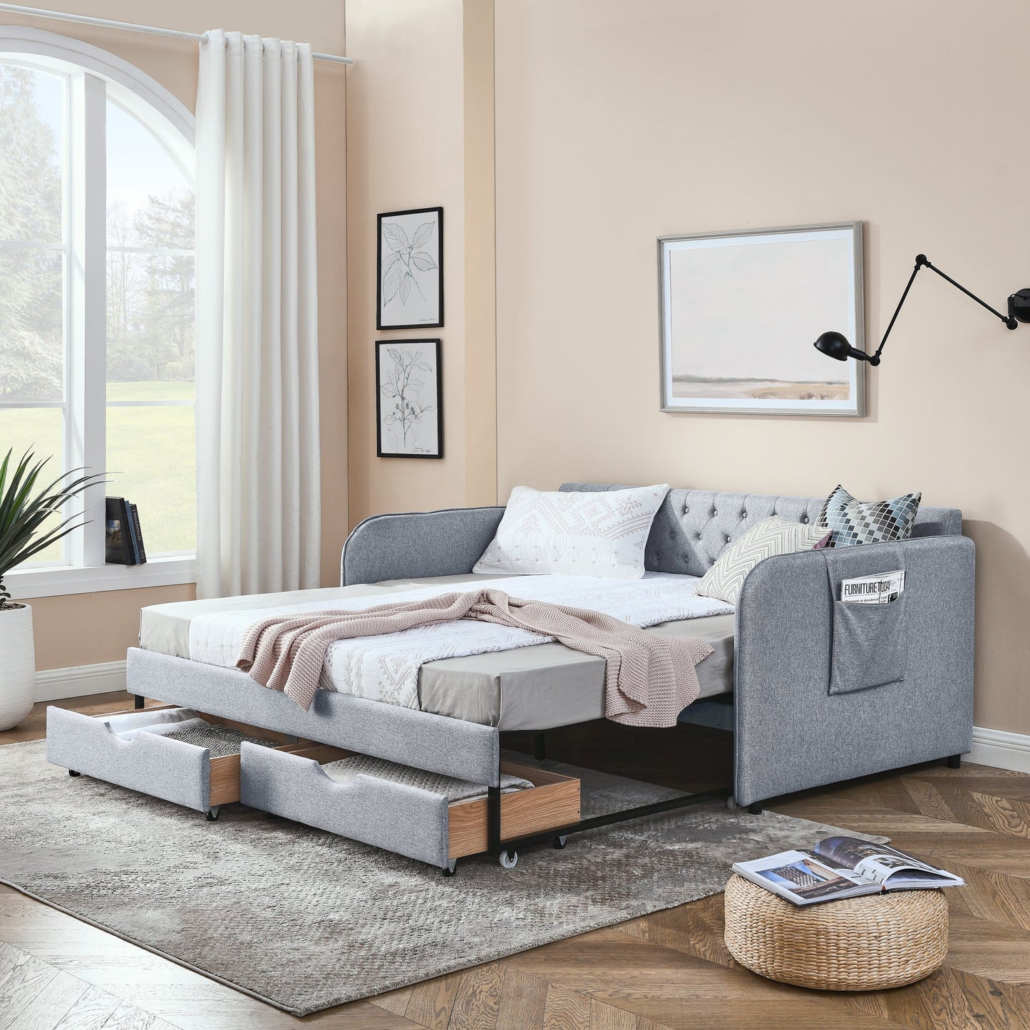 Twin Size Upholstery Daybed with Trundle Bed and Storage Drawers