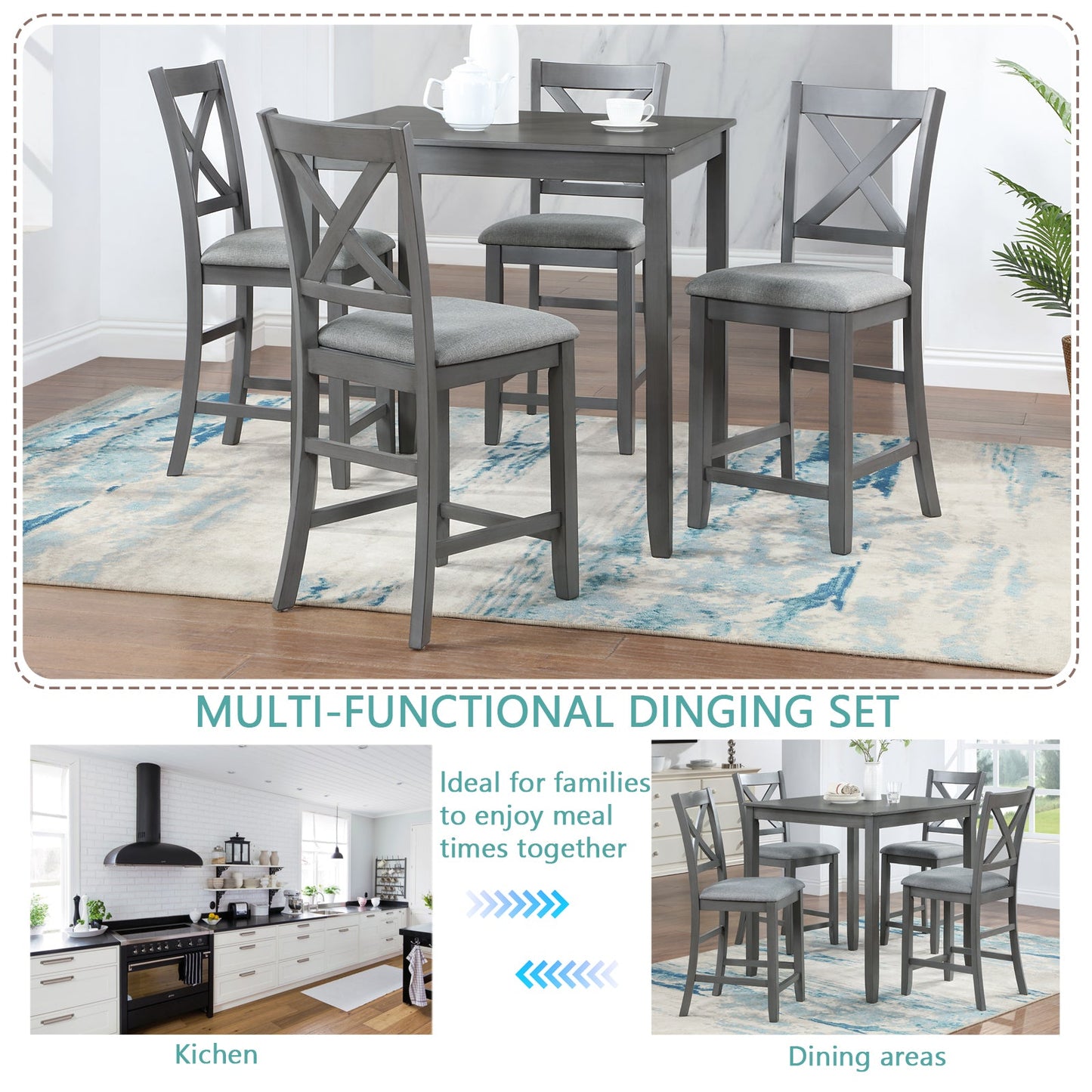 5 Piece Dining Table Set - Wooden Square Table and Upholstered Chairs