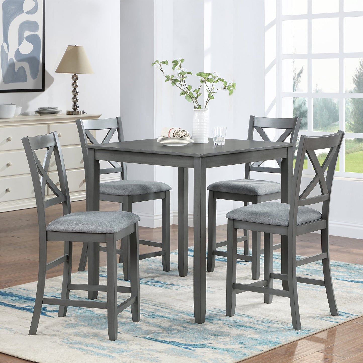 5 Piece Dining Table Set - Wooden Square Table and Upholstered Chairs