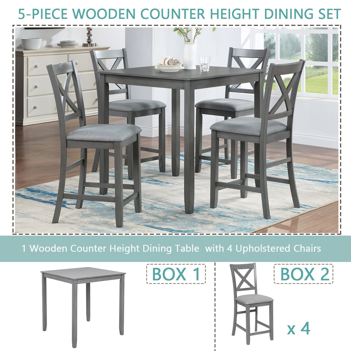 5 Piece Dining Table Set - Wooden Square Table and Upholstered Chairs
