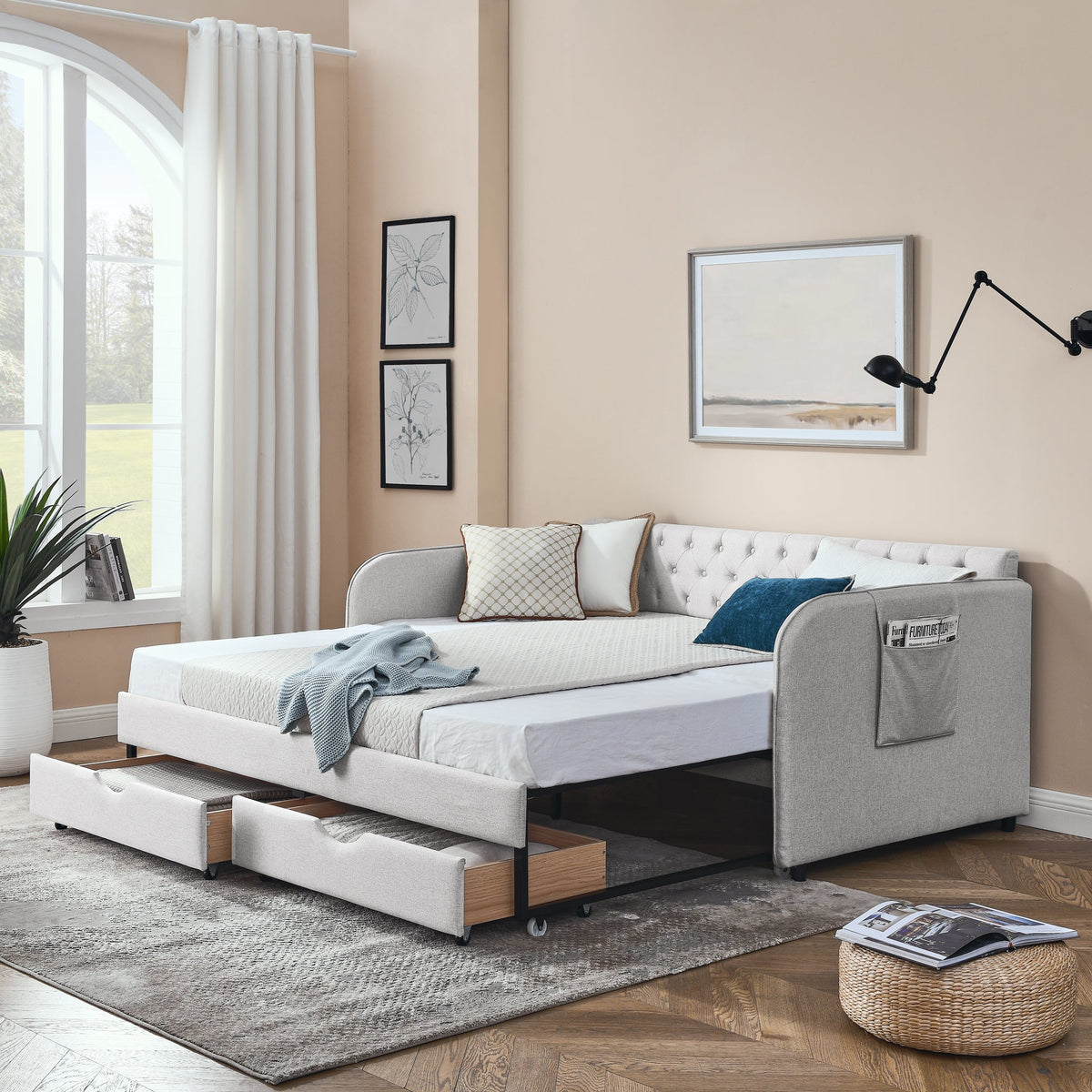 Twin Size Upholstery Daybed with Trundle Bed and Storage Drawers