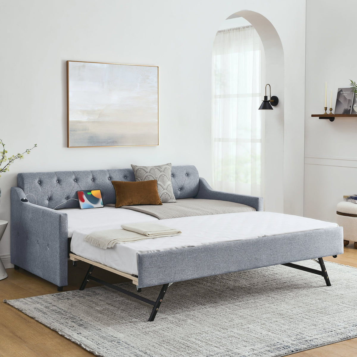 Twin Size Upholstery Daybed with Twin Size Erectable Trundle