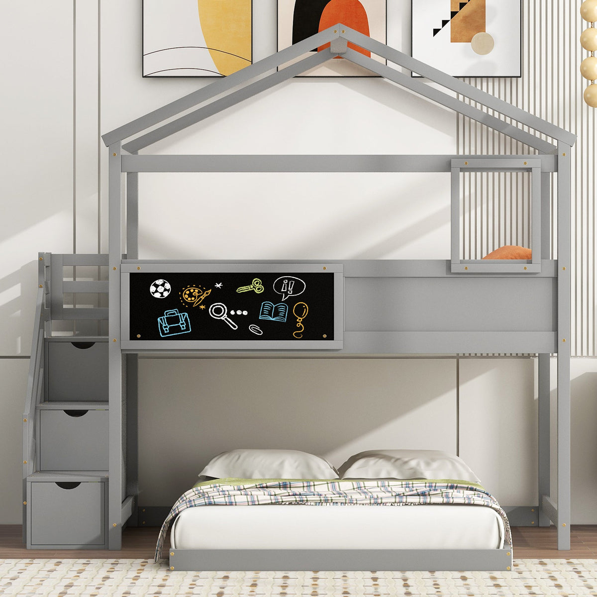 Twin Over Full House Bunk Bed with Storage Staircase