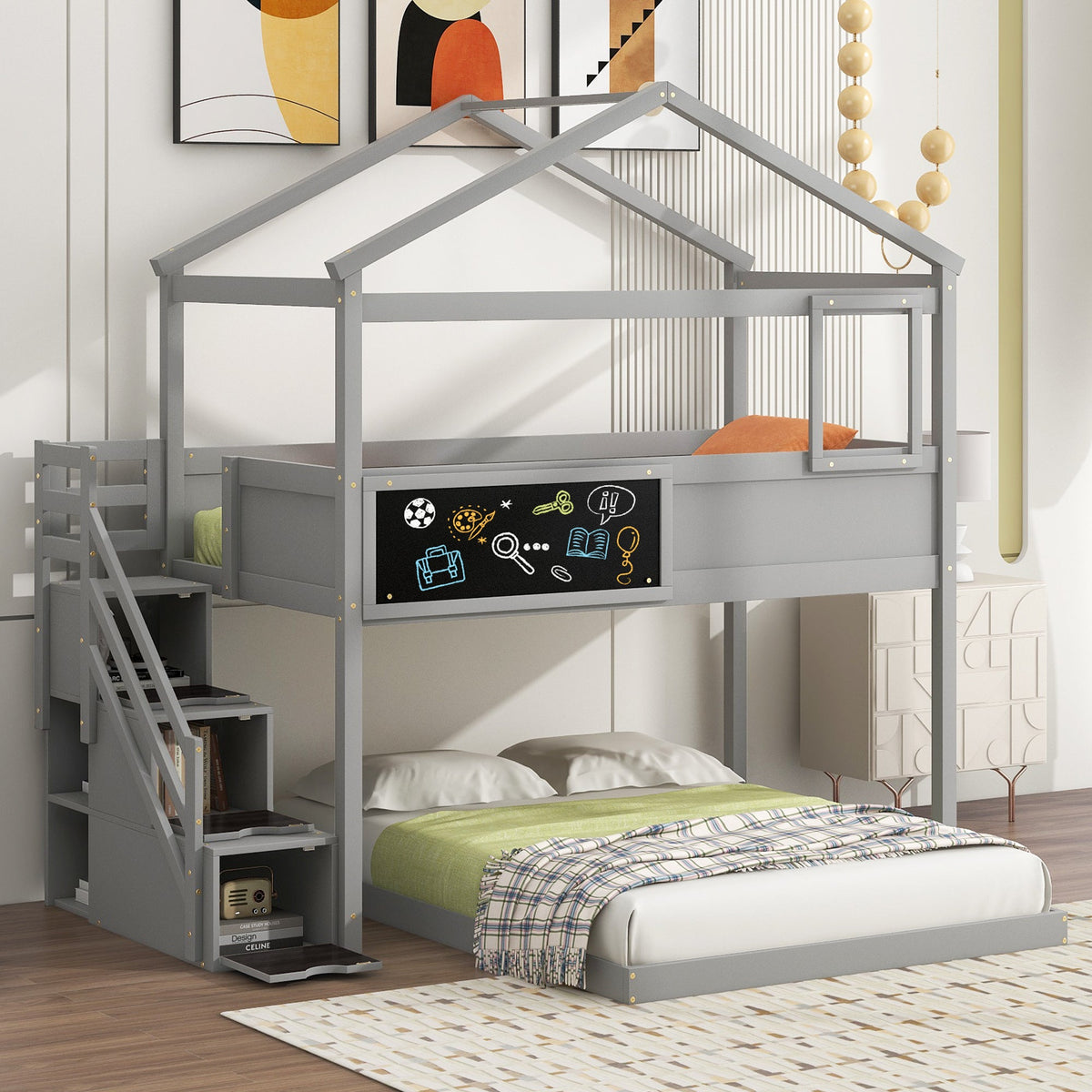Twin Over Full House Bunk Bed with Storage Staircase