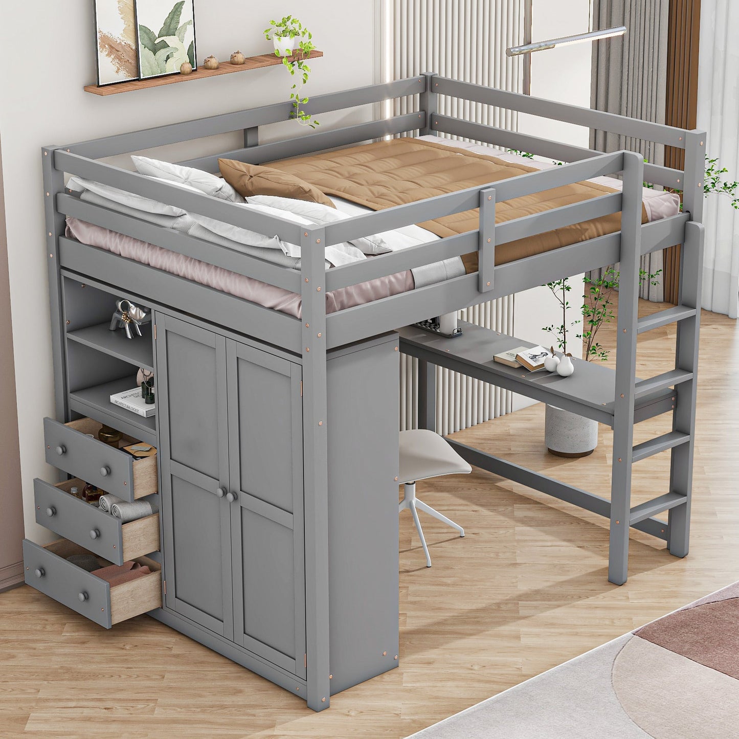 Wood Full Size Loft Bed with Built-in Wardrobe, Desk, Storage Shelves and Drawers
