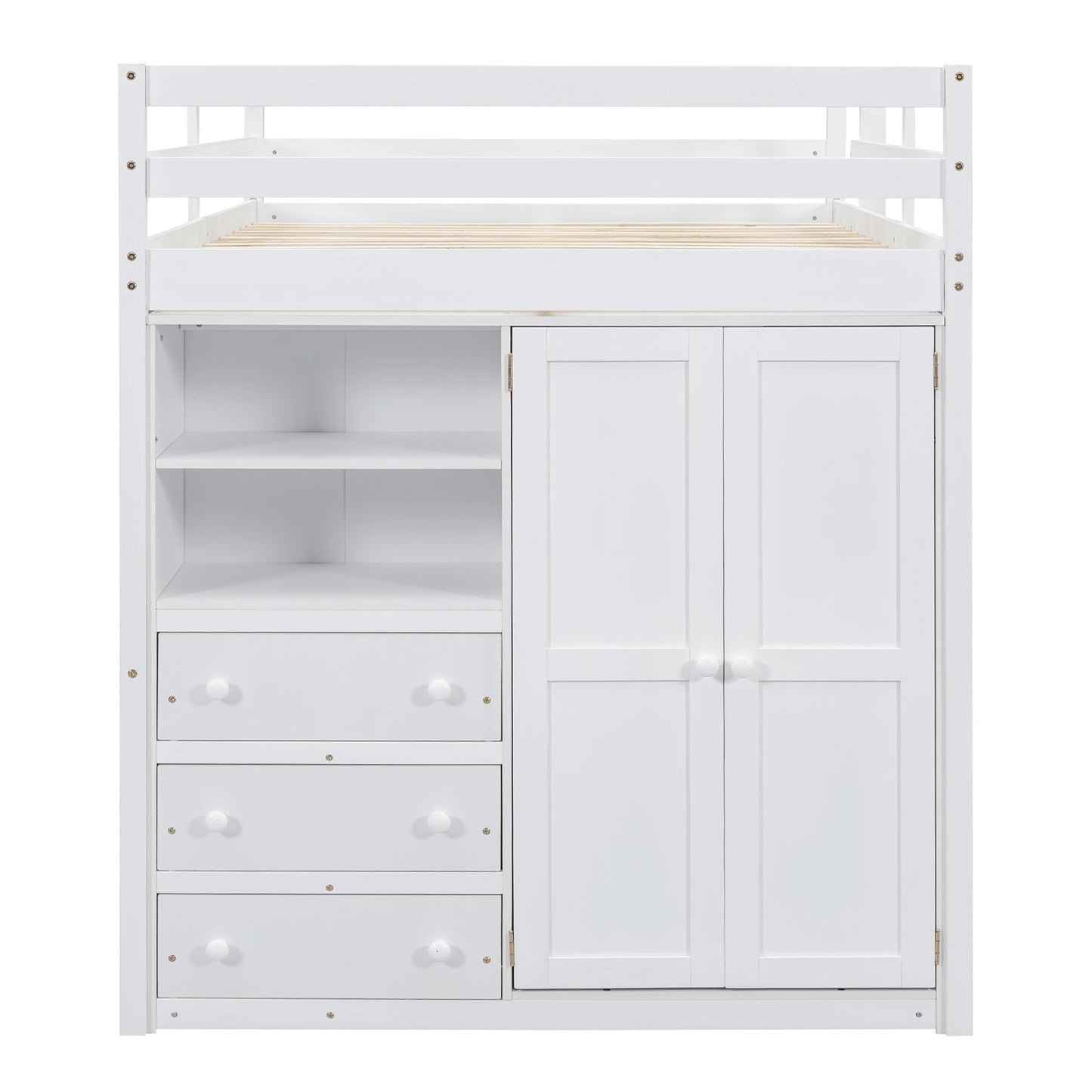 Wood Full Size Loft Bed with Built-in Wardrobe, Desk, Storage Shelves and Drawers
