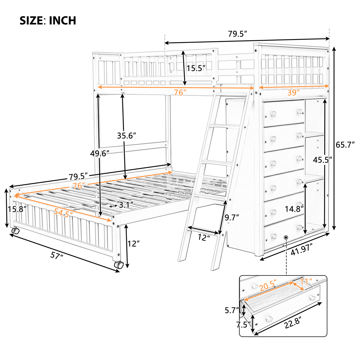 Wooden Twin Over Full Bunk Bed with Six Drawers and Flexible Shelves