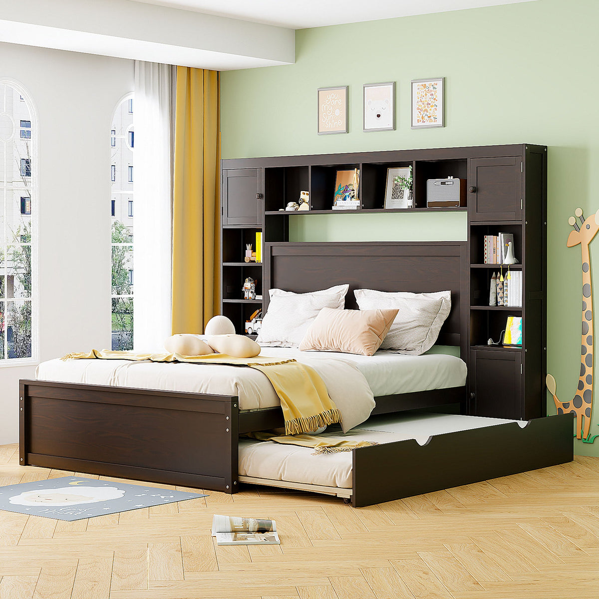 Queen Size Wooden Bed With All-in-One Cabinet, Shelf and Sockets, Twin XL Trundle